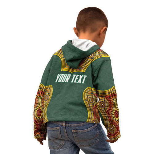 Personalized Kookaburras Field Hockey Kid Hoodie Kangaroo Australian Indigenous Dot Art Style With Vibrant Sun Patterns