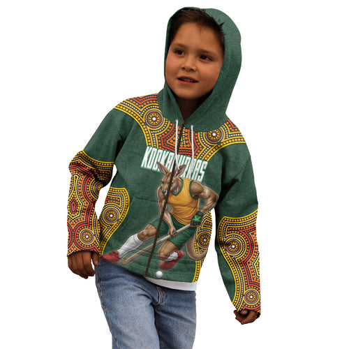 Personalized Kookaburras Field Hockey Kid Hoodie Kangaroo Australian Indigenous Dot Art Style With Vibrant Sun Patterns