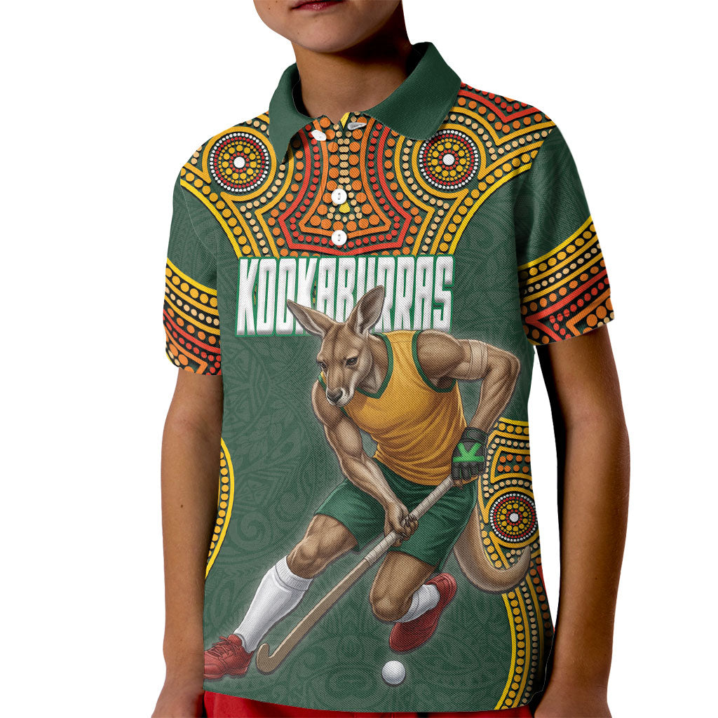 Personalized Kookaburras Field Hockey Kid Polo Shirt Kangaroo Australian Indigenous Dot Art Style With Vibrant Sun Patterns
