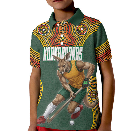 Personalized Kookaburras Field Hockey Kid Polo Shirt Kangaroo Australian Indigenous Dot Art Style With Vibrant Sun Patterns
