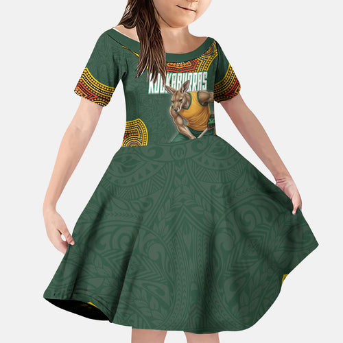 Personalized Kookaburras Field Hockey Kid Short Sleeve Dress Kangaroo Australian Indigenous Dot Art Style With Vibrant Sun Patterns