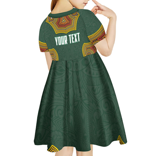 Personalized Kookaburras Field Hockey Kid Short Sleeve Dress Kangaroo Australian Indigenous Dot Art Style With Vibrant Sun Patterns