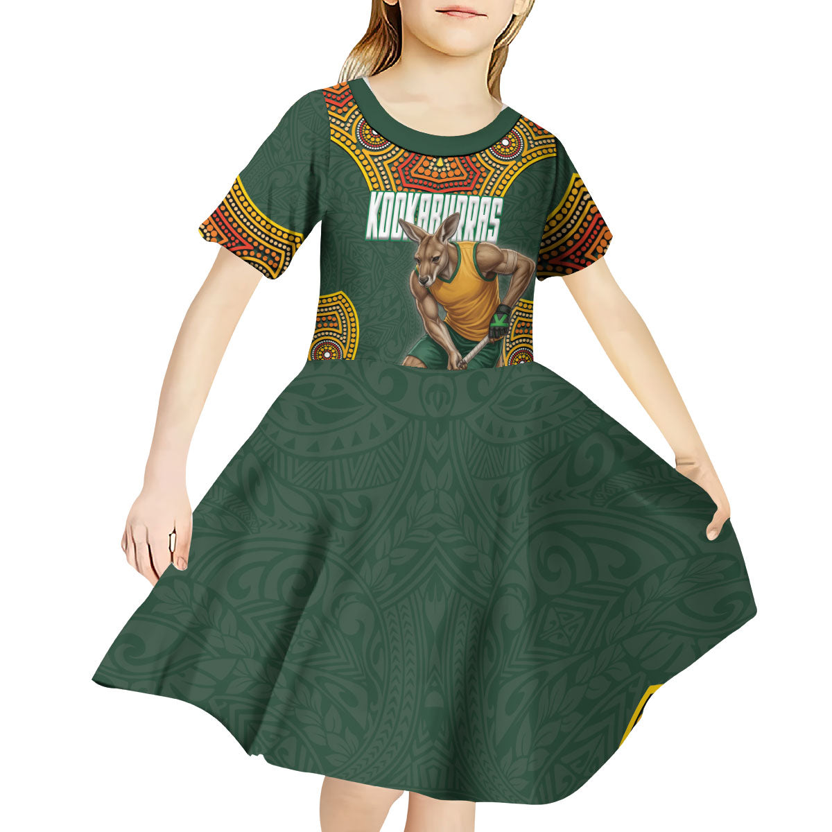 Personalized Kookaburras Field Hockey Kid Short Sleeve Dress Kangaroo Australian Indigenous Dot Art Style With Vibrant Sun Patterns