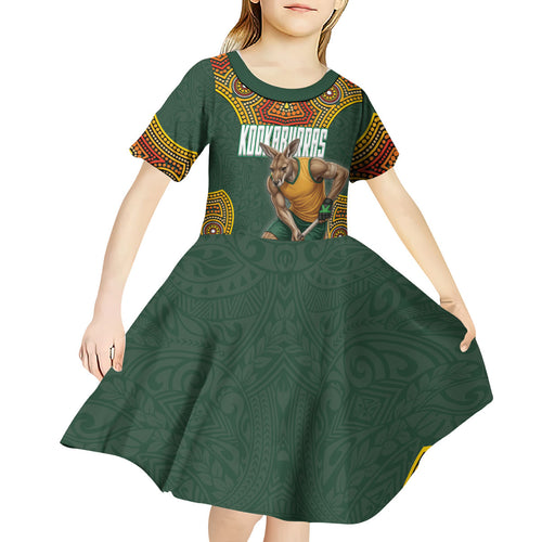 Personalized Kookaburras Field Hockey Kid Short Sleeve Dress Kangaroo Australian Indigenous Dot Art Style With Vibrant Sun Patterns