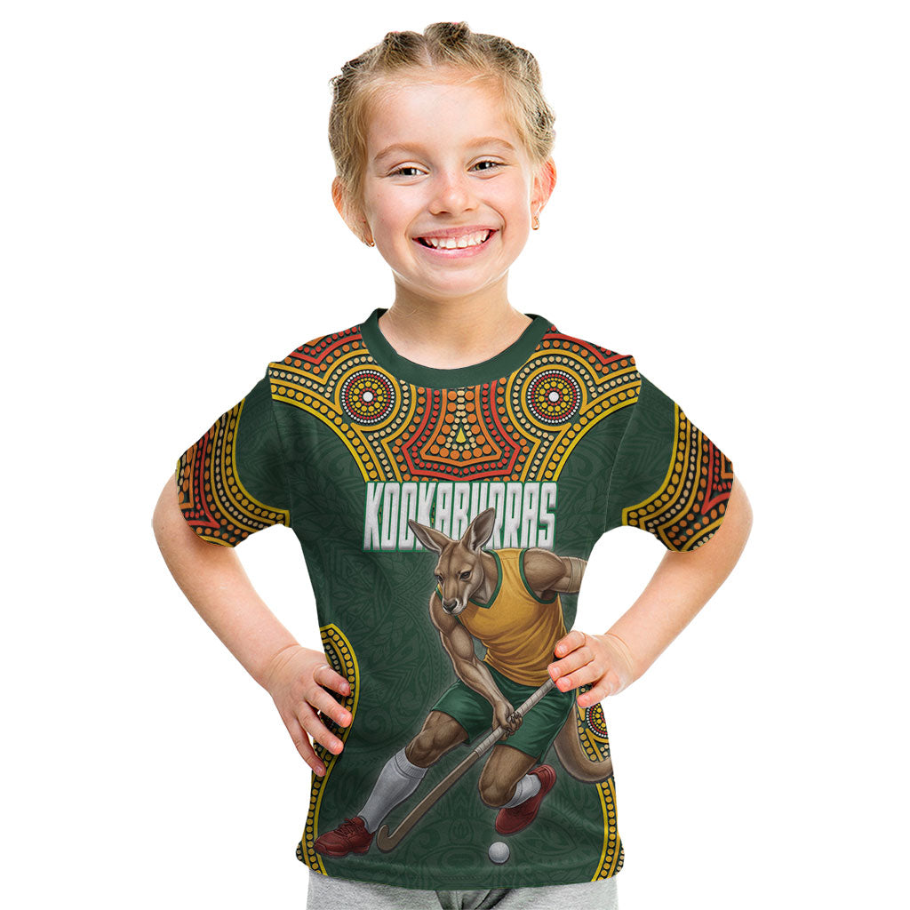 Personalized Kookaburras Field Hockey Kid T Shirt Kangaroo Australian Indigenous Dot Art Style With Vibrant Sun Patterns
