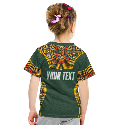 Personalized Kookaburras Field Hockey Kid T Shirt Kangaroo Australian Indigenous Dot Art Style With Vibrant Sun Patterns