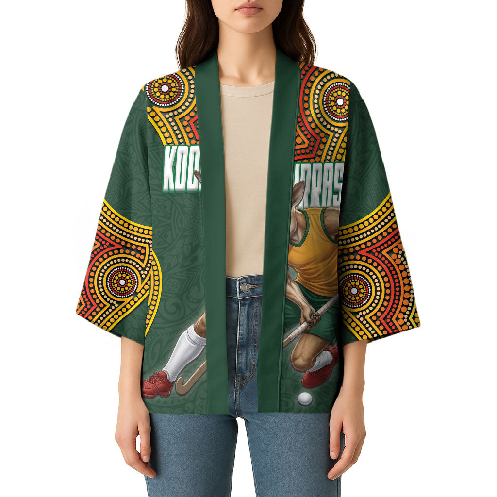 Personalized Kookaburras Field Hockey Kimono Kangaroo Australian Indigenous Dot Art Style With Vibrant Sun Patterns
