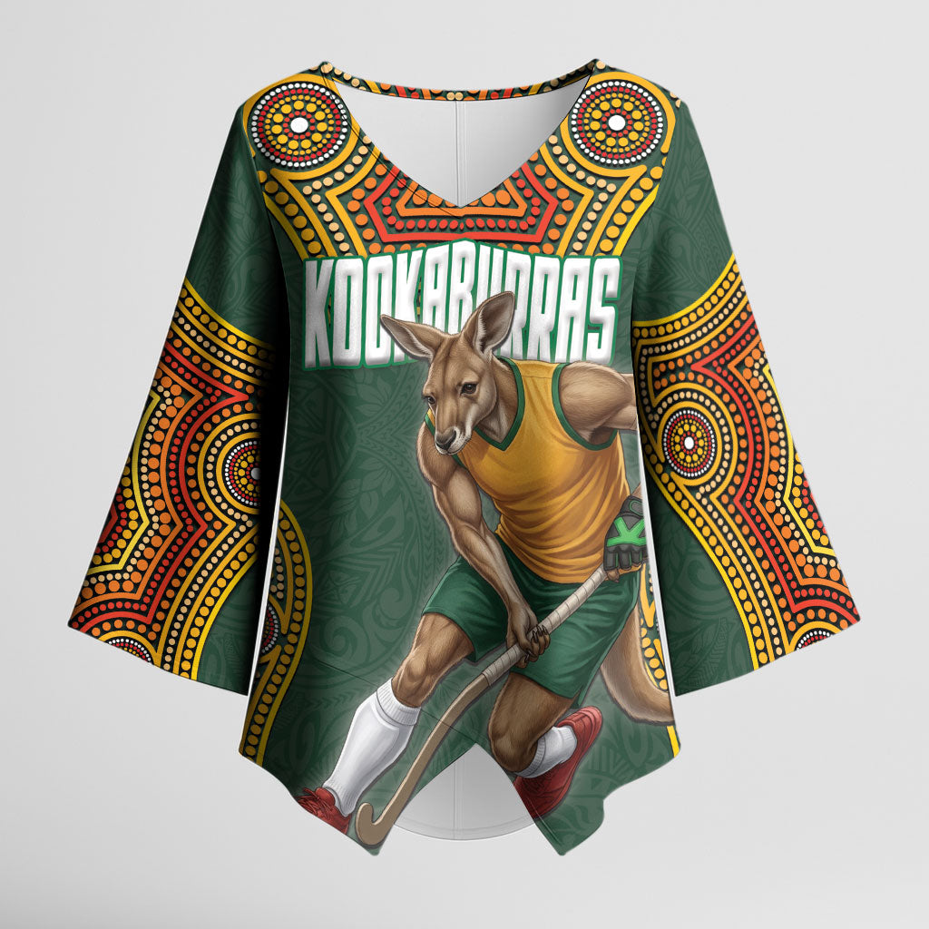 Personalized Kookaburras Field Hockey Kimono Sleeve Blouse Kangaroo Australian Indigenous Dot Art Style With Vibrant Sun Patterns