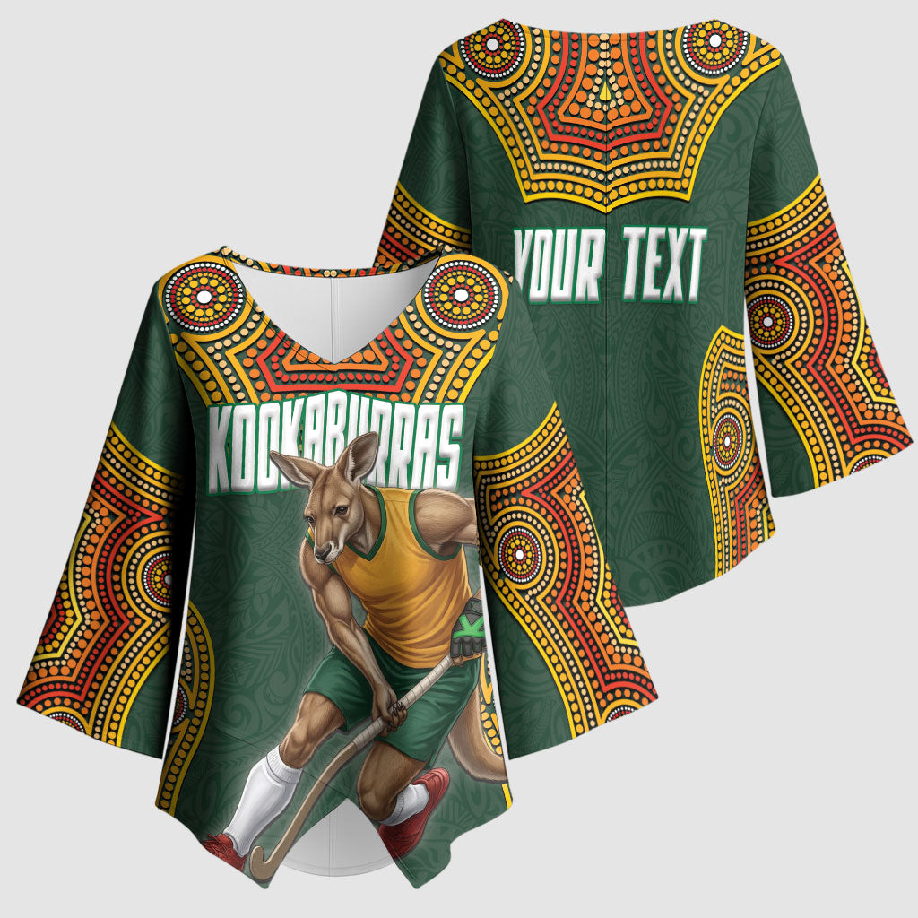 Personalized Kookaburras Field Hockey Kimono Sleeve Blouse Kangaroo Australian Indigenous Dot Art Style With Vibrant Sun Patterns