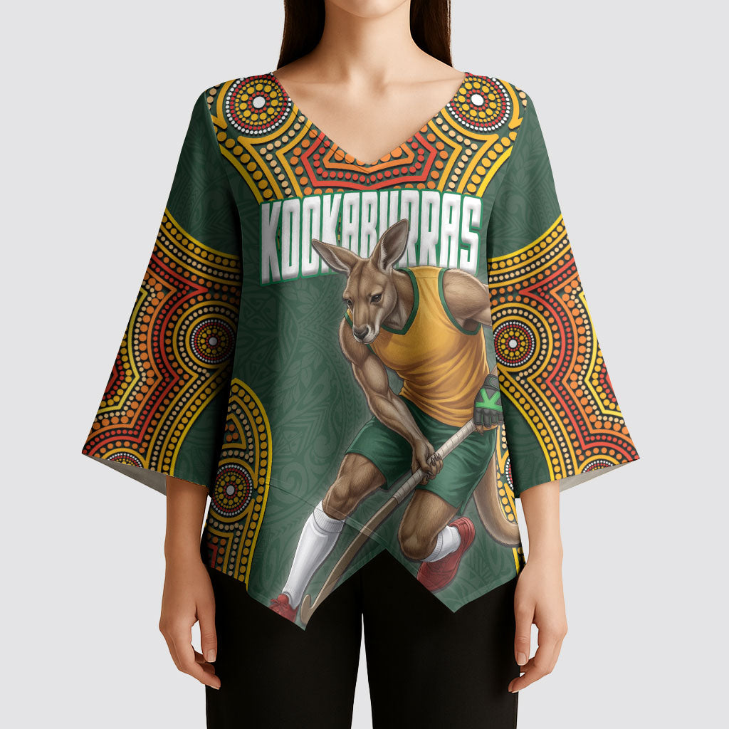 Personalized Kookaburras Field Hockey Kimono Sleeve Blouse Kangaroo Australian Indigenous Dot Art Style With Vibrant Sun Patterns