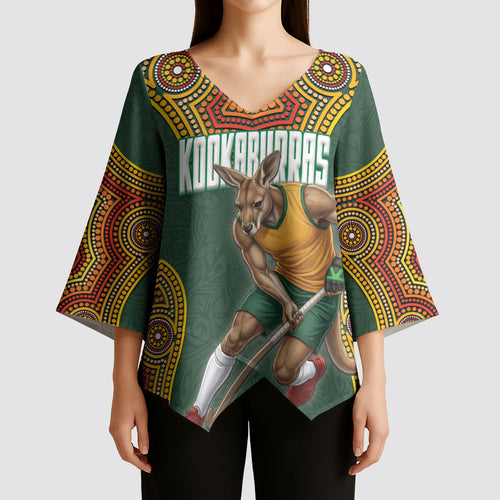 Personalized Kookaburras Field Hockey Kimono Sleeve Blouse Kangaroo Australian Indigenous Dot Art Style With Vibrant Sun Patterns