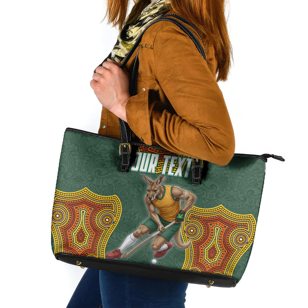 Personalized Kookaburras Field Hockey Leather Tote Bag Kangaroo Australian Indigenous Dot Art Style With Vibrant Sun Patterns