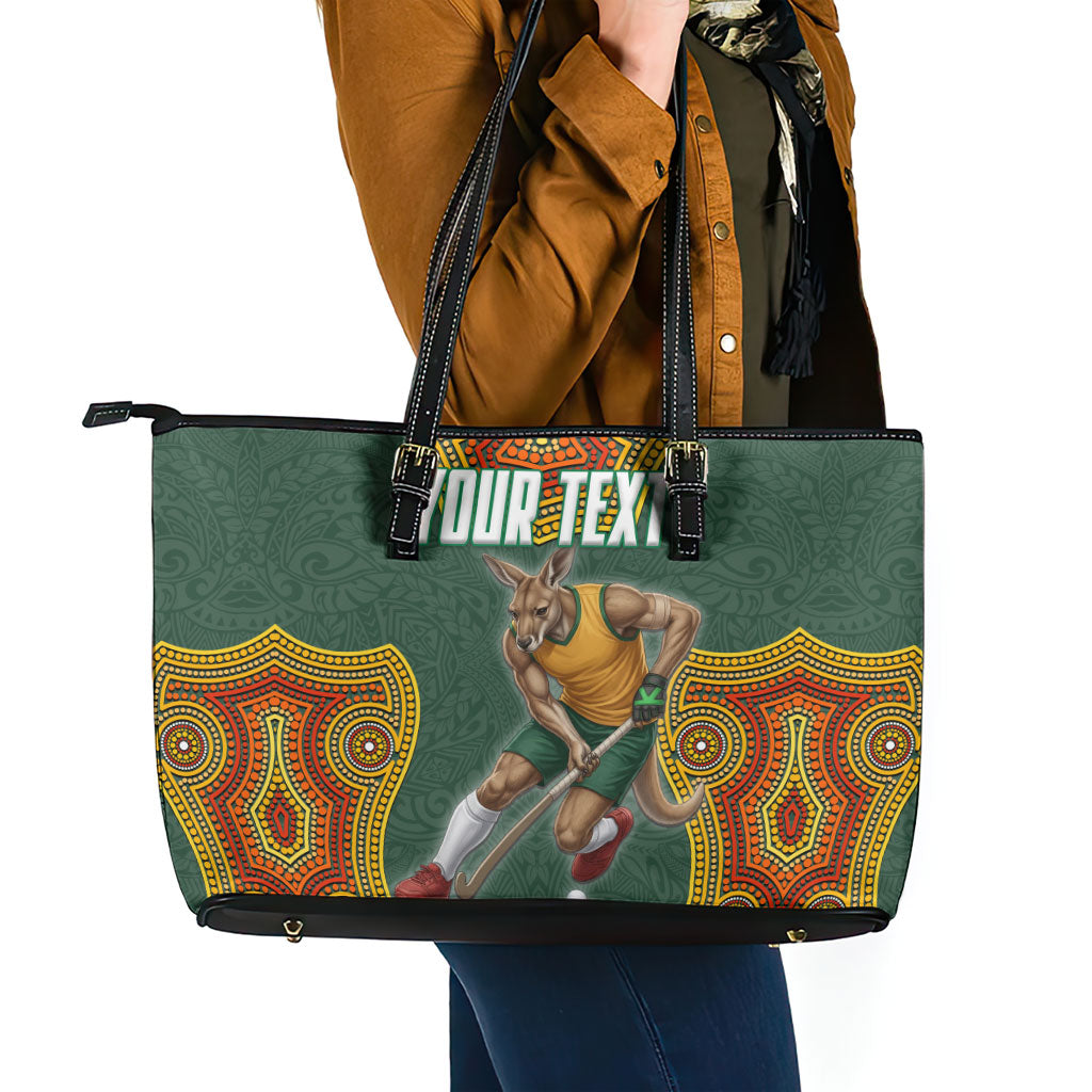 Personalized Kookaburras Field Hockey Leather Tote Bag Kangaroo Australian Indigenous Dot Art Style With Vibrant Sun Patterns