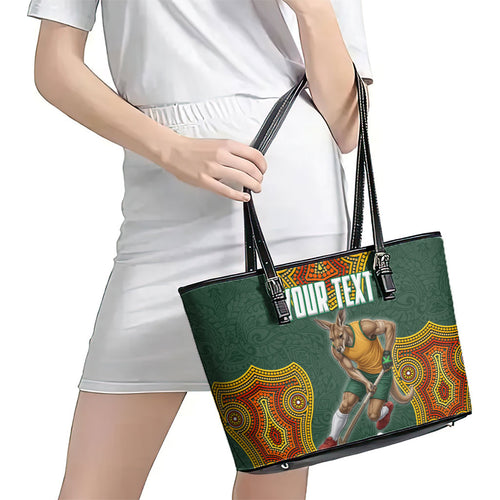 Personalized Kookaburras Field Hockey Leather Tote Bag Kangaroo Australian Indigenous Dot Art Style With Vibrant Sun Patterns