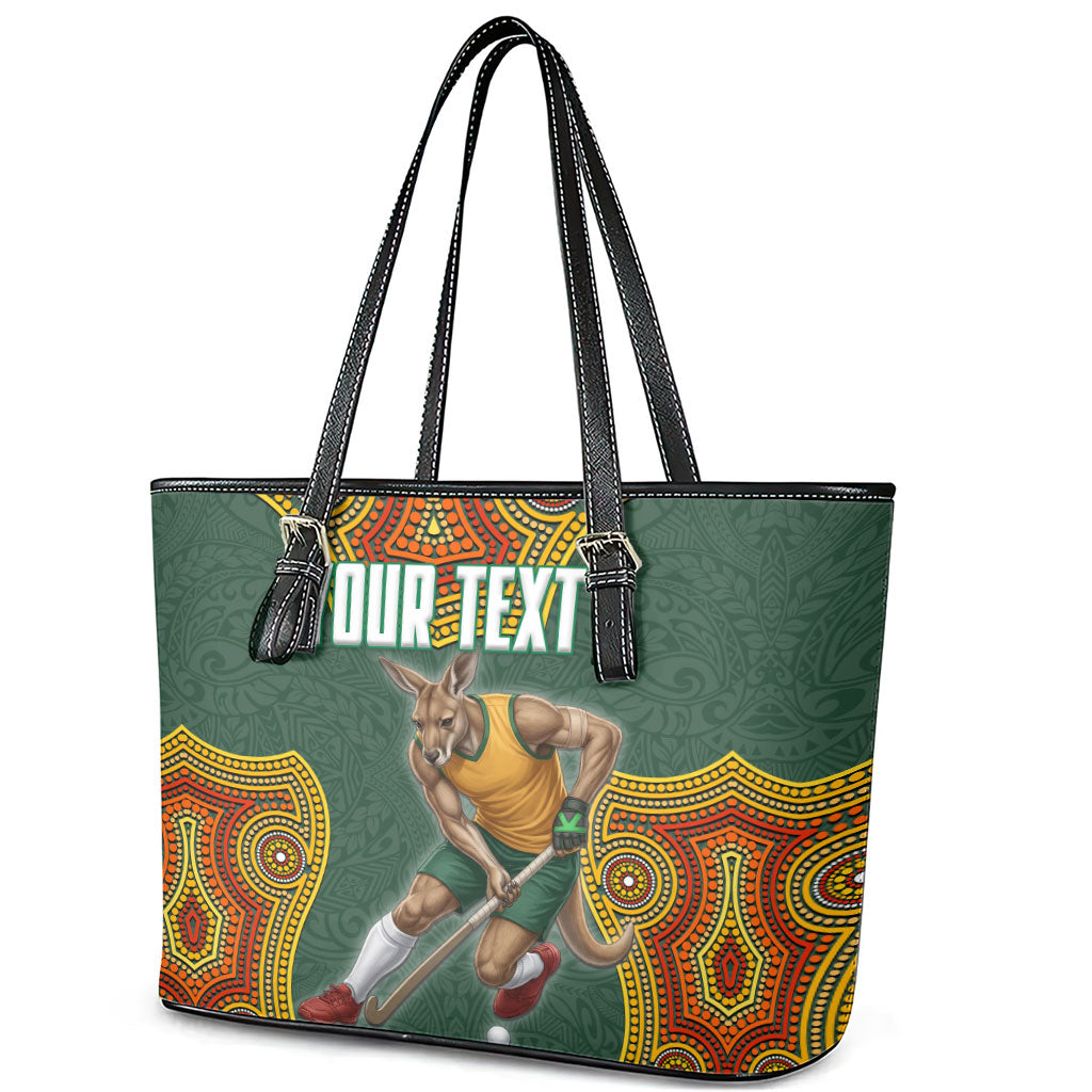 Personalized Kookaburras Field Hockey Leather Tote Bag Kangaroo Australian Indigenous Dot Art Style With Vibrant Sun Patterns