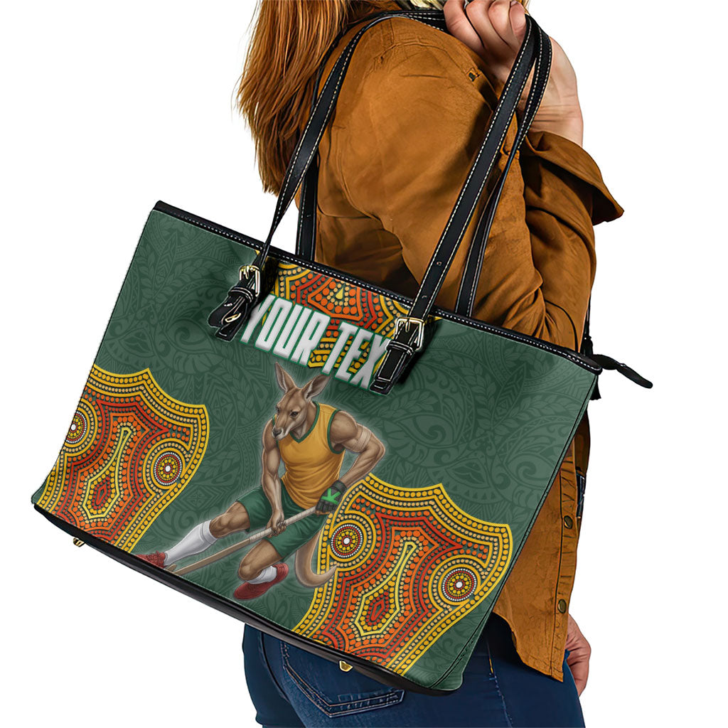 Personalized Kookaburras Field Hockey Leather Tote Bag Kangaroo Australian Indigenous Dot Art Style With Vibrant Sun Patterns