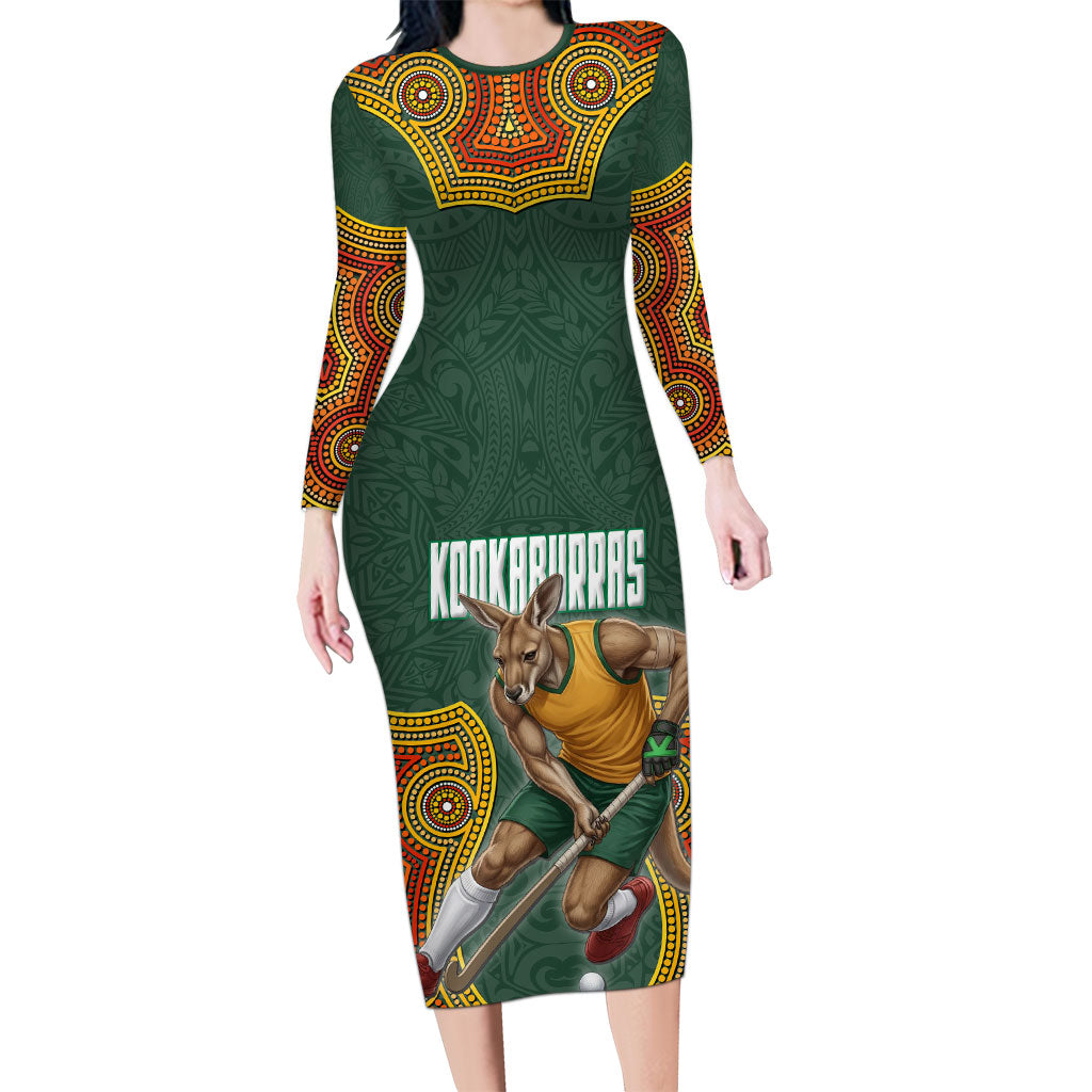 Personalized Kookaburras Field Hockey Long Sleeve Bodycon Dress Kangaroo Australian Indigenous Dot Art Style With Vibrant Sun Patterns