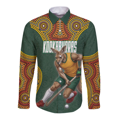 Personalized Kookaburras Field Hockey Long Sleeve Button Shirt Kangaroo Australian Indigenous Dot Art Style With Vibrant Sun Patterns