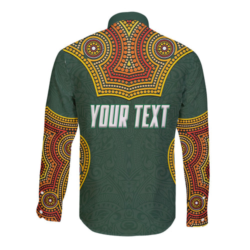 Personalized Kookaburras Field Hockey Long Sleeve Button Shirt Kangaroo Australian Indigenous Dot Art Style With Vibrant Sun Patterns