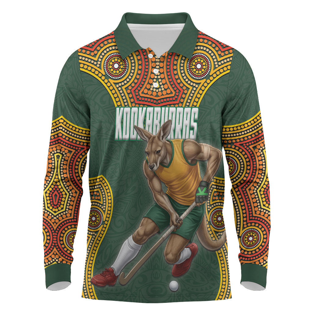 Personalized Kookaburras Field Hockey Long Sleeve Polo Shirt Kangaroo Australian Indigenous Dot Art Style With Vibrant Sun Patterns
