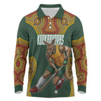 Personalized Kookaburras Field Hockey Long Sleeve Polo Shirt Kangaroo Australian Indigenous Dot Art Style With Vibrant Sun Patterns