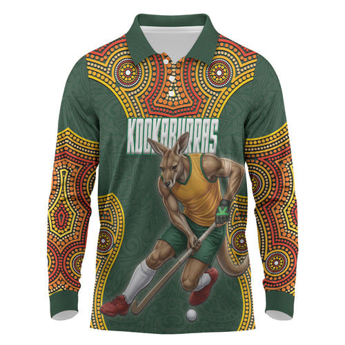 Personalized Kookaburras Field Hockey Long Sleeve Polo Shirt Kangaroo Australian Indigenous Dot Art Style With Vibrant Sun Patterns