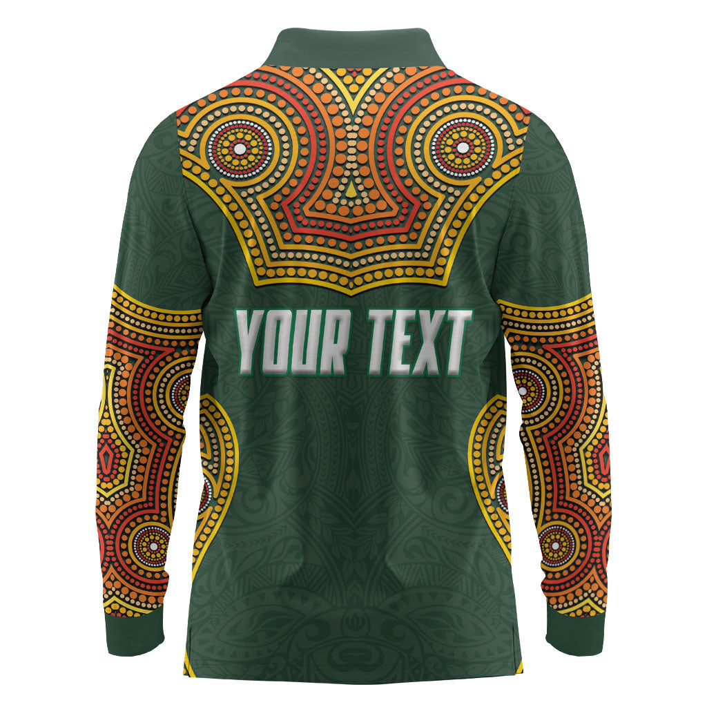 Personalized Kookaburras Field Hockey Long Sleeve Polo Shirt Kangaroo Australian Indigenous Dot Art Style With Vibrant Sun Patterns