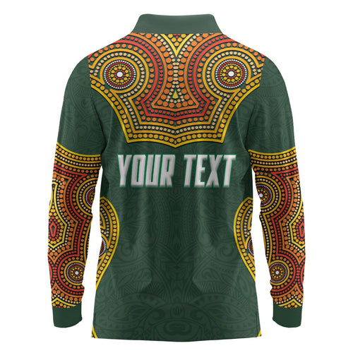 Personalized Kookaburras Field Hockey Long Sleeve Polo Shirt Kangaroo Australian Indigenous Dot Art Style With Vibrant Sun Patterns