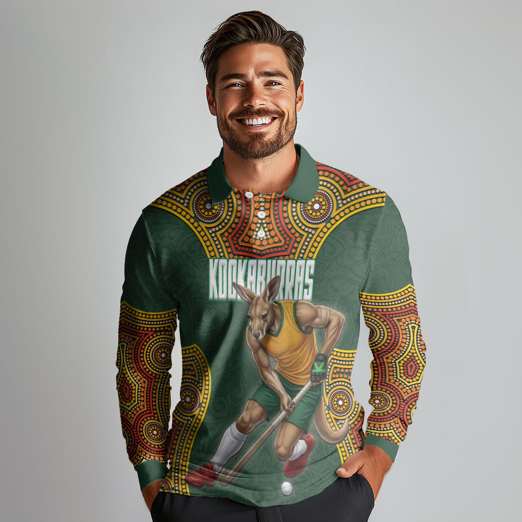 Personalized Kookaburras Field Hockey Long Sleeve Polo Shirt Kangaroo Australian Indigenous Dot Art Style With Vibrant Sun Patterns