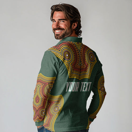 Personalized Kookaburras Field Hockey Long Sleeve Polo Shirt Kangaroo Australian Indigenous Dot Art Style With Vibrant Sun Patterns
