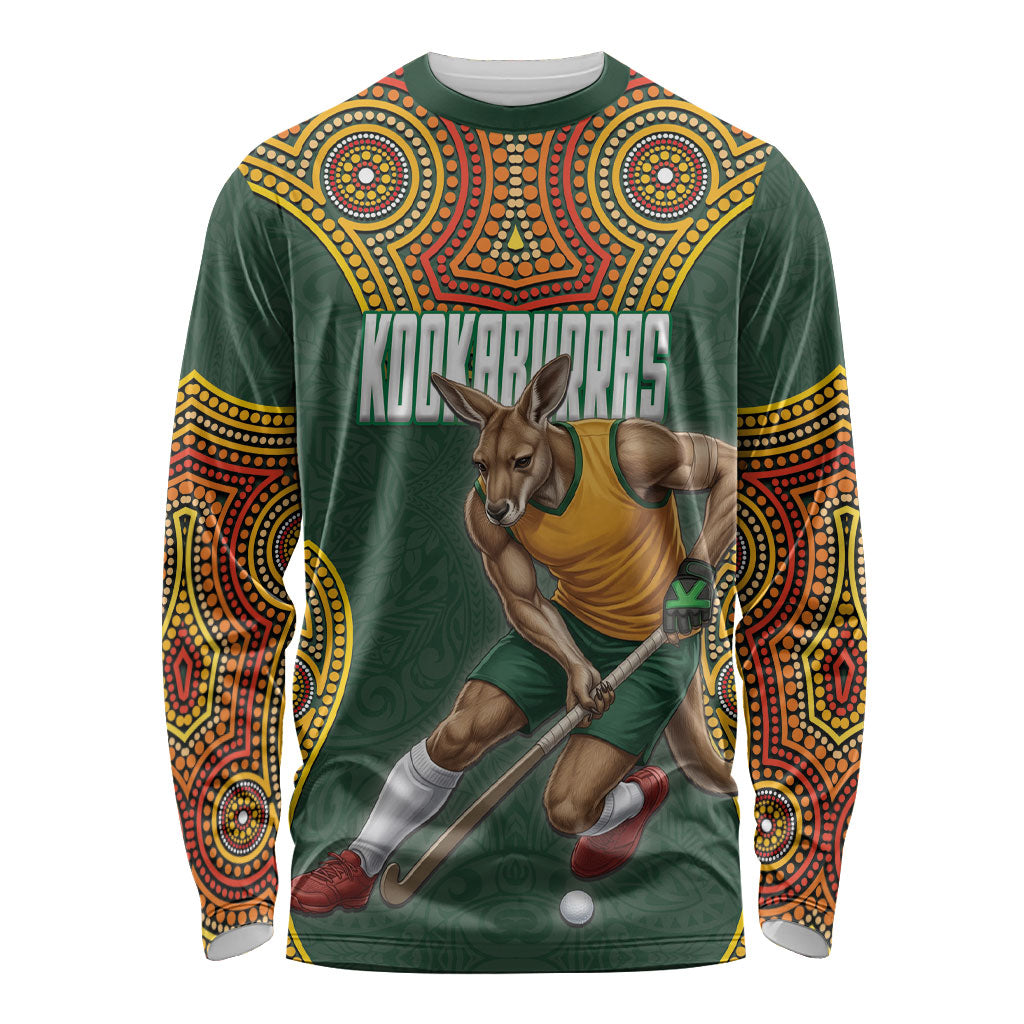 Personalized Kookaburras Field Hockey Long Sleeve Shirt Kangaroo Australian Indigenous Dot Art Style With Vibrant Sun Patterns