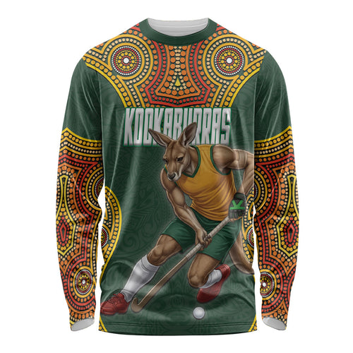 Personalized Kookaburras Field Hockey Long Sleeve Shirt Kangaroo Australian Indigenous Dot Art Style With Vibrant Sun Patterns