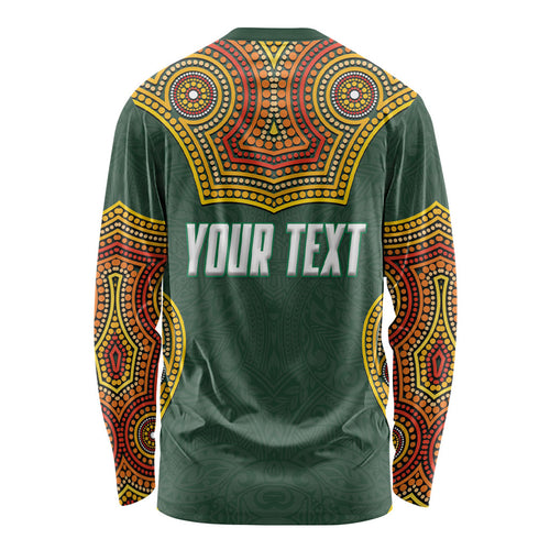Personalized Kookaburras Field Hockey Long Sleeve Shirt Kangaroo Australian Indigenous Dot Art Style With Vibrant Sun Patterns