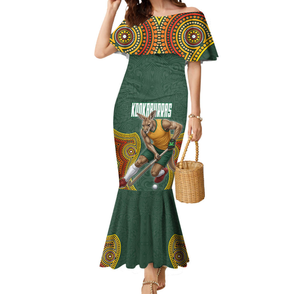 Personalized Kookaburras Field Hockey Mermaid Dress Kangaroo Australian Indigenous Dot Art Style With Vibrant Sun Patterns
