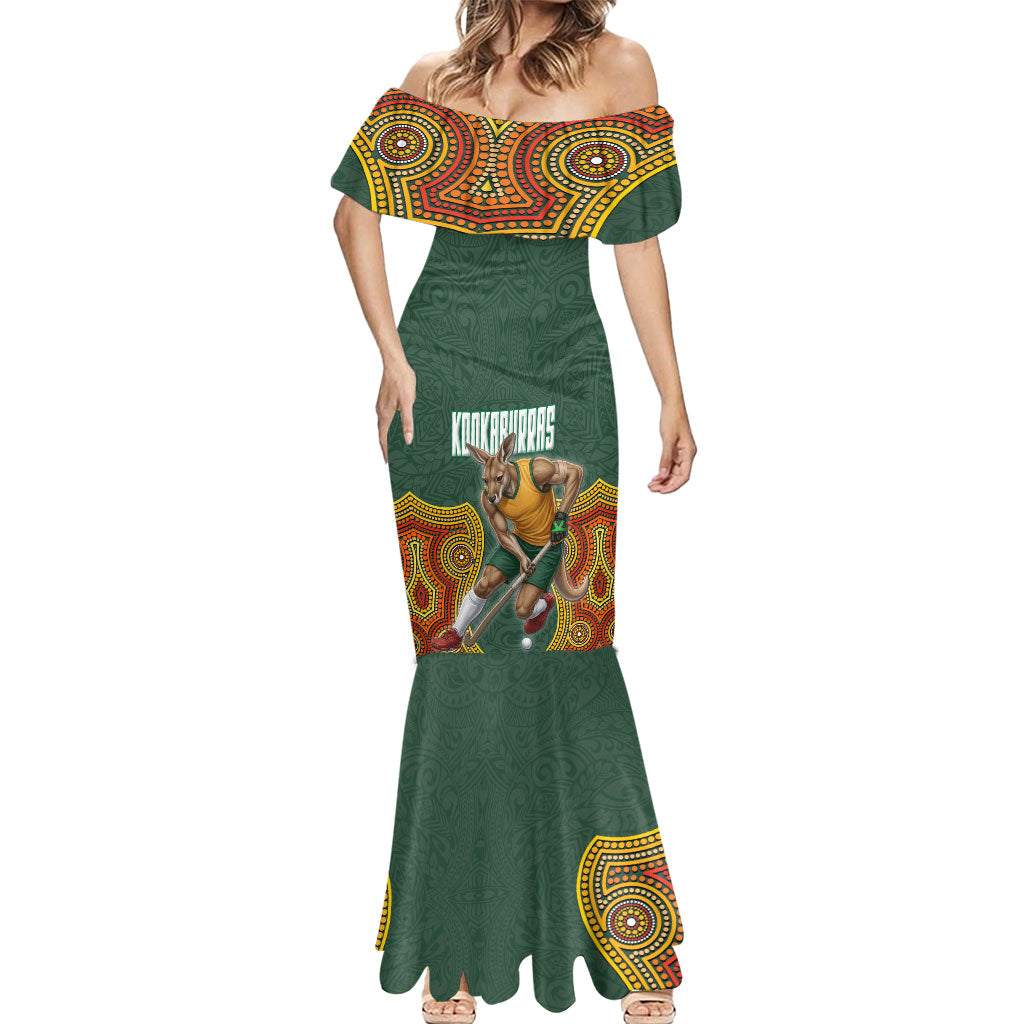 Personalized Kookaburras Field Hockey Mermaid Dress Kangaroo Australian Indigenous Dot Art Style With Vibrant Sun Patterns