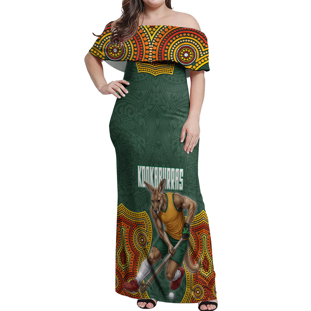 Personalized Kookaburras Field Hockey Off Shoulder Maxi Dress Kangaroo Australian Indigenous Dot Art Style With Vibrant Sun Patterns