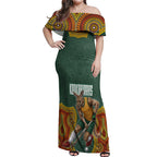 Personalized Kookaburras Field Hockey Off Shoulder Maxi Dress Kangaroo Australian Indigenous Dot Art Style With Vibrant Sun Patterns