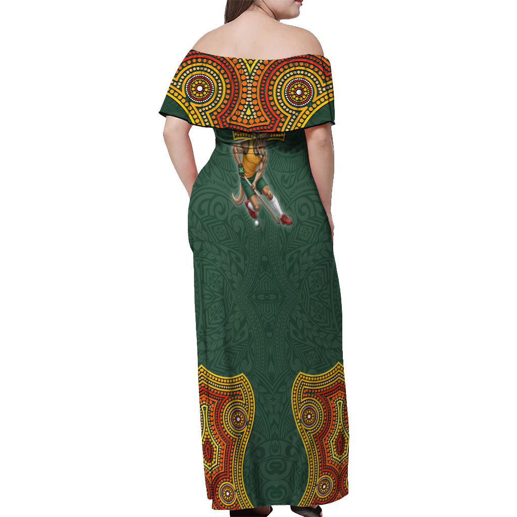 Personalized Kookaburras Field Hockey Off Shoulder Maxi Dress Kangaroo Australian Indigenous Dot Art Style With Vibrant Sun Patterns