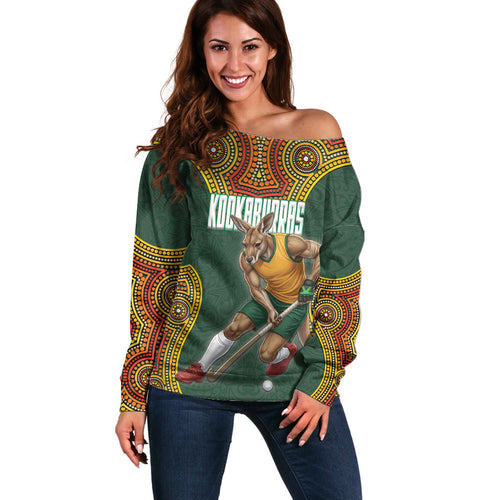 Personalized Kookaburras Field Hockey Off Shoulder Sweater Kangaroo Australian Indigenous Dot Art Style With Vibrant Sun Patterns