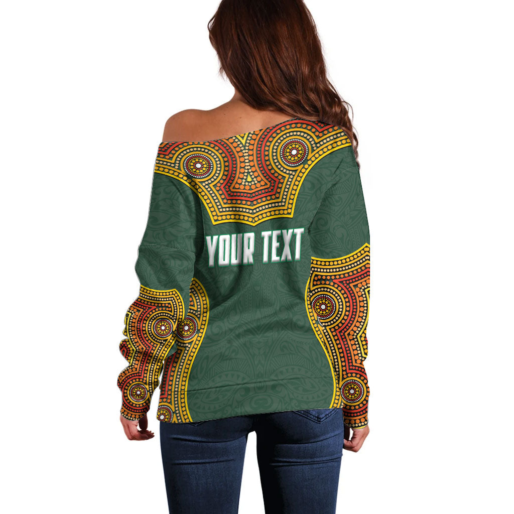 Personalized Kookaburras Field Hockey Off Shoulder Sweater Kangaroo Australian Indigenous Dot Art Style With Vibrant Sun Patterns