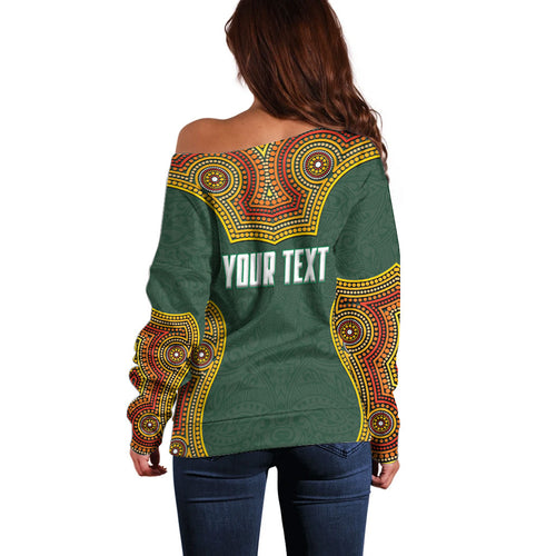 Personalized Kookaburras Field Hockey Off Shoulder Sweater Kangaroo Australian Indigenous Dot Art Style With Vibrant Sun Patterns