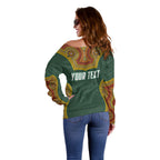 Personalized Kookaburras Field Hockey Off Shoulder Sweater Kangaroo Australian Indigenous Dot Art Style With Vibrant Sun Patterns