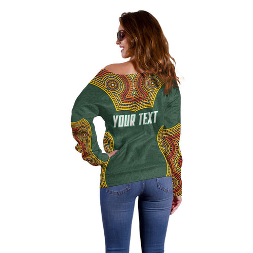 Personalized Kookaburras Field Hockey Off Shoulder Sweater Kangaroo Australian Indigenous Dot Art Style With Vibrant Sun Patterns