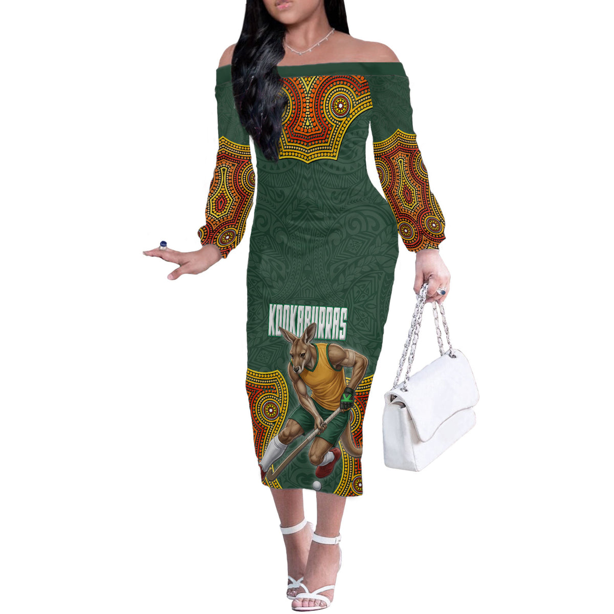 Personalized Kookaburras Field Hockey Off The Shoulder Long Sleeve Dress Kangaroo Australian Indigenous Dot Art Style With Vibrant Sun Patterns