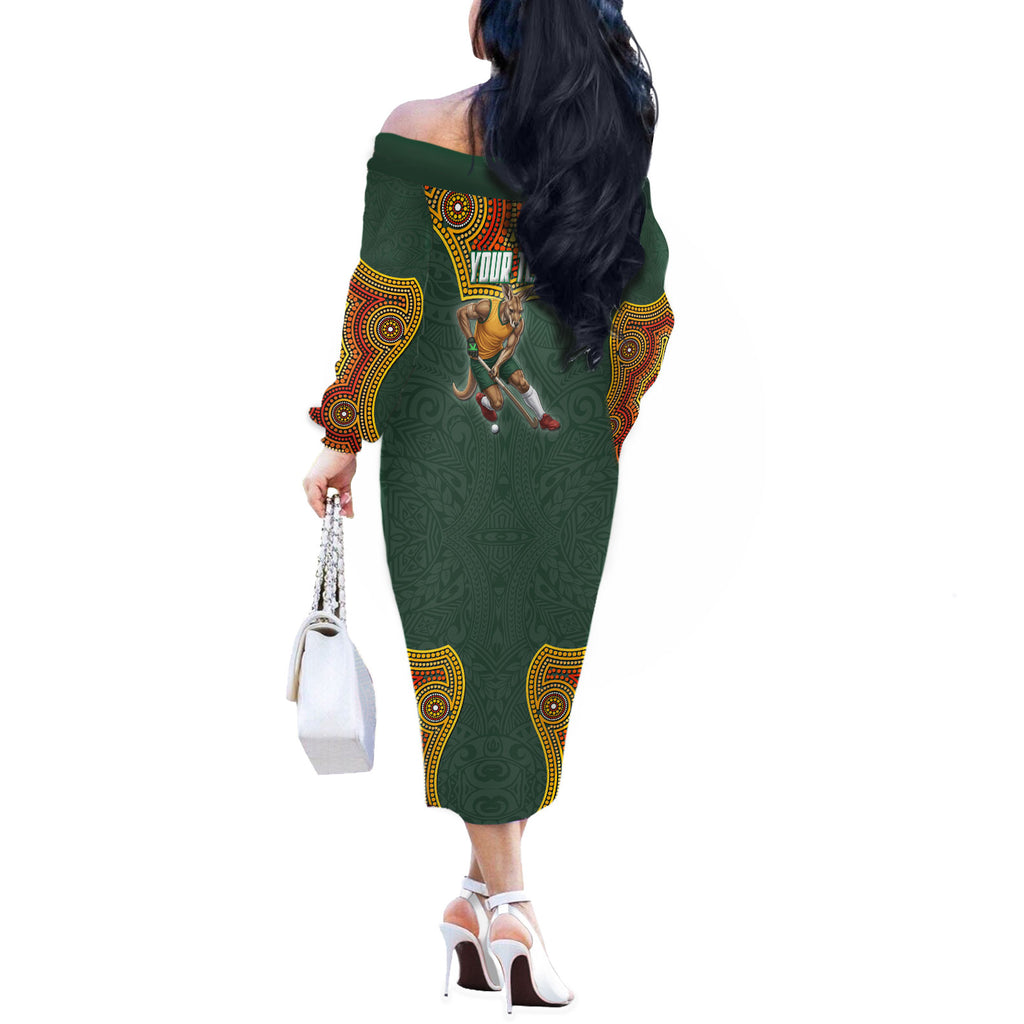 Personalized Kookaburras Field Hockey Off The Shoulder Long Sleeve Dress Kangaroo Australian Indigenous Dot Art Style With Vibrant Sun Patterns