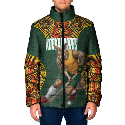 Personalized Kookaburras Field Hockey Padded Jacket Kangaroo Australian Indigenous Dot Art Style With Vibrant Sun Patterns