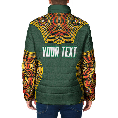 Personalized Kookaburras Field Hockey Padded Jacket Kangaroo Australian Indigenous Dot Art Style With Vibrant Sun Patterns