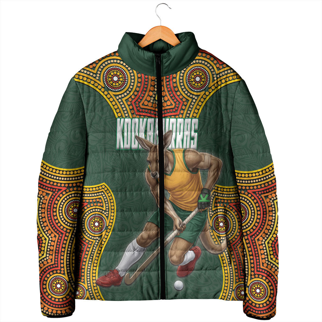 Personalized Kookaburras Field Hockey Padded Jacket Kangaroo Australian Indigenous Dot Art Style With Vibrant Sun Patterns
