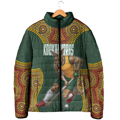 Personalized Kookaburras Field Hockey Padded Jacket Kangaroo Australian Indigenous Dot Art Style With Vibrant Sun Patterns
