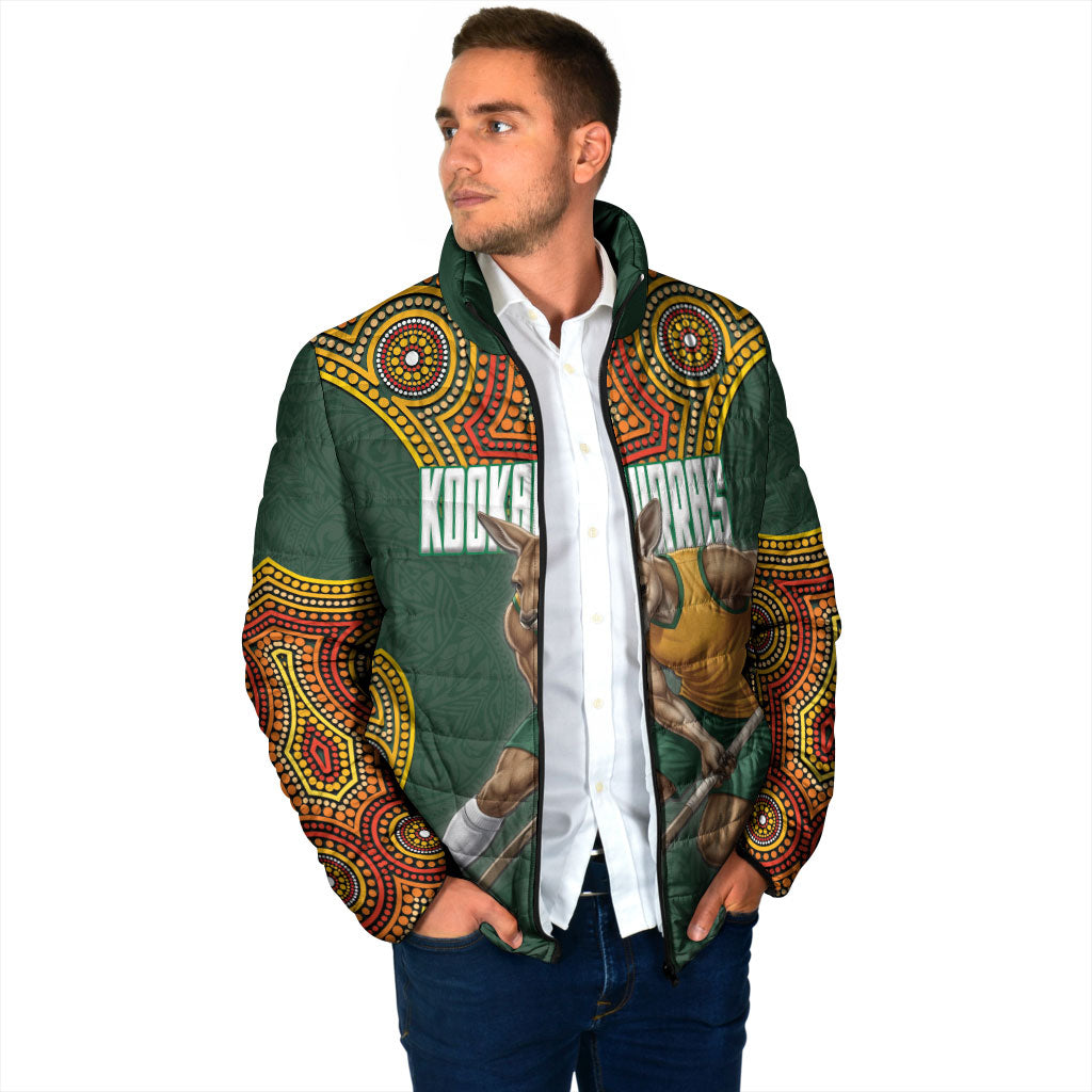 Personalized Kookaburras Field Hockey Padded Jacket Kangaroo Australian Indigenous Dot Art Style With Vibrant Sun Patterns